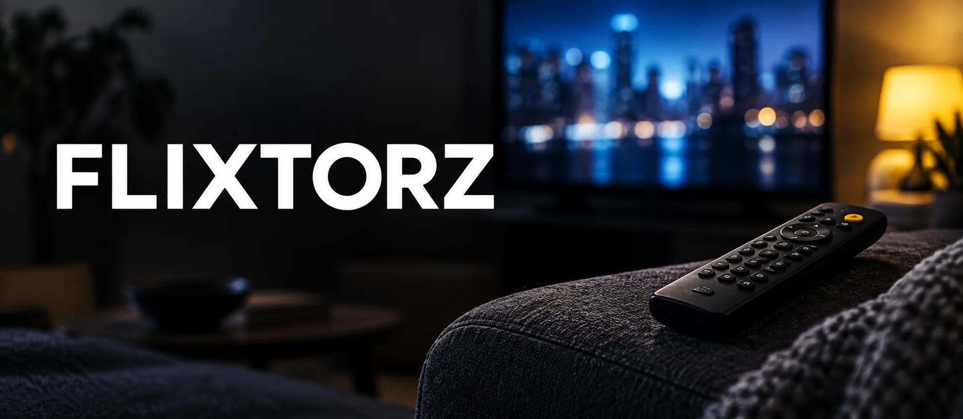 FLIXTORZ white wordmark beside a television remote in a charcoal and yellow movie-night setting